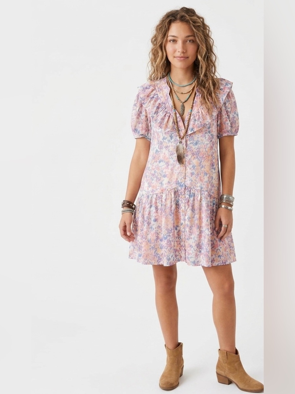 TCEC $68 P2P 18” L 33” Floral Ruffle Collar Tiered Drop Waist Mini Dress M